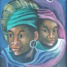 Original & Signed Two Women Portrait Haitian Art Naif Native Haiti Painting