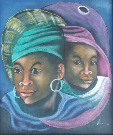 Original & Signed Two Women Portrait Haitian Art Naif Native Haiti Painting
