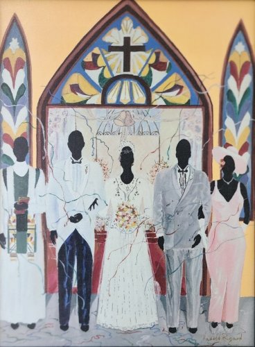 Vintage & Signed Harold Rigaud ''The Wedding''  Lithograph on Canvas Haitian Art