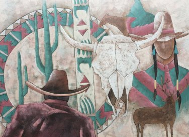 Rare Original Signed R. Atkins Southwestern Pueblo Indian Textured Art Painting