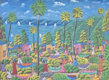Signed L.Y. Alaby Haitian Countryside Landscape Painting Original Naif Art Haiti