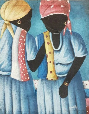 Rare Signed Naif Primitive TWO WOMEN Haitian Art Canvas Painting Haiti Caribbean