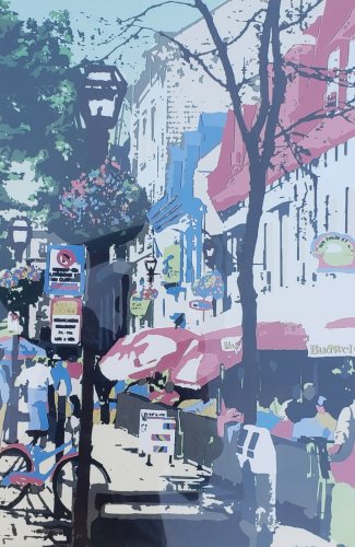 RARE SIGNED A. ARON STREET CAFE CITYSCAPE NYC NEW YORK CITY COLORFUL  ART PRINT