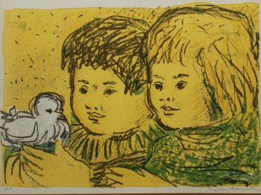 1967 Signed IRWIN ROSENHOUSE Children White Dove Woodcut Artist Proof Art Print