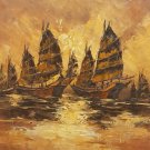 Rare Signed O. Man - Boats in Harbor - Seascape Vintage Painting Hong Kong Art