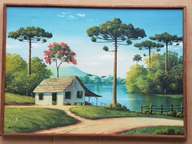 Rare 1966 Signed Horst Schnepper Acrylic Brazil Rural Landscape Painting Brasil