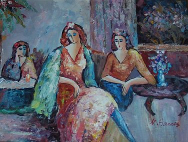 Signed K. Barnes "Untitled" Three Women at Leisure Original Oil Painting on Canv