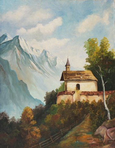 Rare Signed 1952 E. Bornemann Country House Landscape Art Painting on Masonite