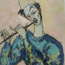 Signed Moshe Gat - Man Playing Flute Mixed Media Serigraph Art Painting Judaica
