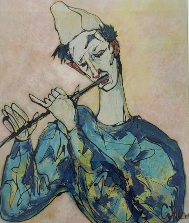 Signed Moshe Gat - Man Playing Flute Mixed Media Serigraph Art Painting Judaica