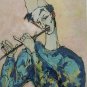 Signed Moshe Gat - Man Playing Flute Mixed Media Serigraph Art Painting Judaica