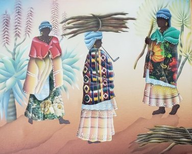 Signed W. Harper Three Tribal Black Women Afro American Mixed Media Art Painting