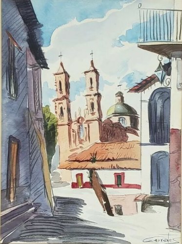 1964 SIGNED CERVANTES Iglesia De Santa Prisca Church WATERCOLOR PAINTING MEXICO