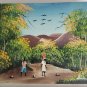 Original Vintage Folk Art Naif Haitian Signed Caribbean Scene Framed Painting
