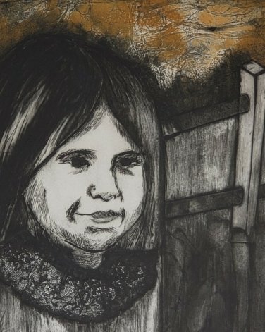 Signed Ileane Latar - At the Fence - Intaglio Aquatint Etching 4/25 Art Print