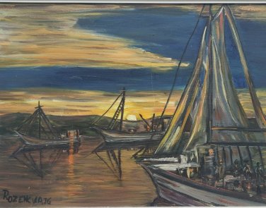 RARE Signed Rozencwaig Boats in Harbor Seascape Acrylic Oil Painting Art Framed