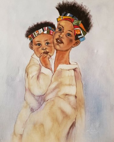Signed Lewis MOTHER & CHILD Afro American Black Memorabilia Art Painting Kente