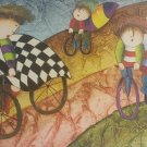 Signed J. Roybal Three  Children Riding Bicycles  Art Painting on Canvas