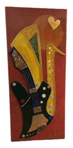 Rare 2007 Alonzo Hubbard Guitar & Saxophone Mixed Media Art Painting Roanoke, VA