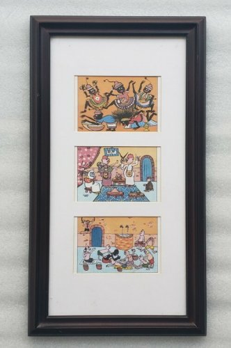 Rare (3) Framed Hamid Bouhali Comedic Cartoon Caricatures Post Card Art Prints