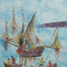 Vintage Signed Haitian Naif Art Fishermen On Boats Painting on Canvas Haiti