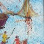 Vintage Signed Haitian Naif Art Fishermen On Boats Painting on Canvas Haiti
