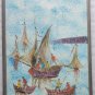 Vintage Signed Haitian Naif Art Fishermen On Boats Painting on Canvas Haiti