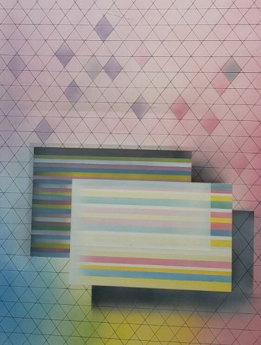 Signed Black 1986 GEOMETRIC ABSTRACT Rainbow Pastel Pink Blue Yellow Modern Art