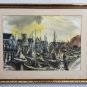 Vintage Signed Jenise Koch Boats docked in Harbor Large Watercolor Art Painting
