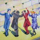 WOW! Orthodox Jews Dancing at the Wailing Wall Judaica Art Watercolor Painting