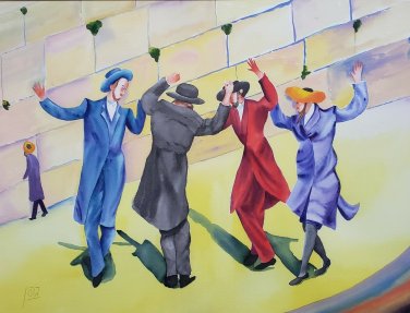 WOW! Orthodox Jews Dancing at the Wailing Wall Judaica Art Watercolor Painting