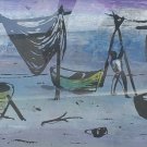 Vintage Signed Haitian Naif Art Fishermen On Beach with Boats Painting Haiti Vintage Signed Haitian Naif Art Fishermen On Beach with Boats Painting Haiti
