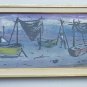 Vintage Signed Haitian Naif Art Fishermen On Beach with Boats Painting Haiti
