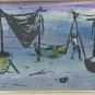 Vintage Signed Haitian Naif Art Fishermen On Beach with Boats Painting Haiti