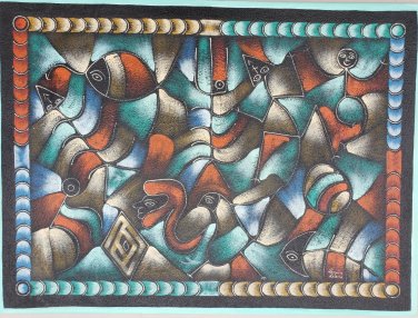 Signed Lemaire Lalanne Naif Folk Haitian Art Haiti Flag on Canvas Painting