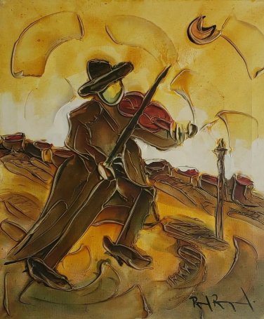 Signed RAOUL RAYMOND Israeli FIDDLER Judaica Impasto Palette Knife Oil Painting