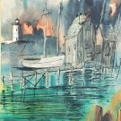 Vintage & Signed Cucci Boats Docked Pier Seascape Framed Watercolor Art Painting