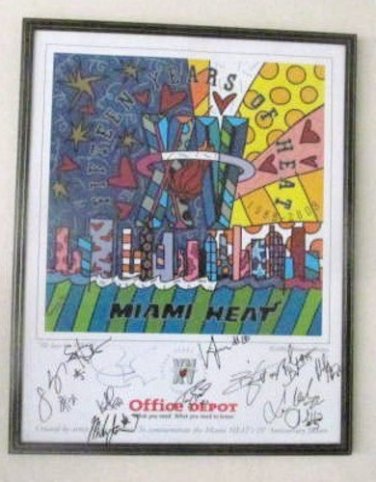 2003 Signed Pat Riley & Miami Heat Team Commemorative Poster Romero Britto NBA