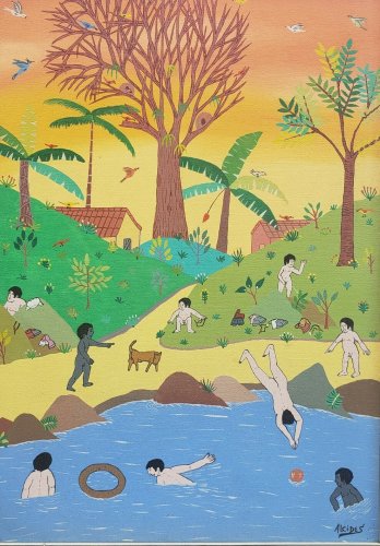 Signed ALCIDES PEREIRA DOS SANTOS Children by the River Brazil Art Painting