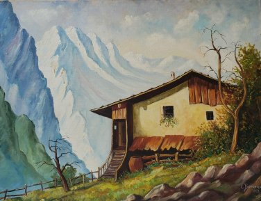 Rare Signed 1953 E. Bornemann Mountain House Landscape Art Painting on Masonite