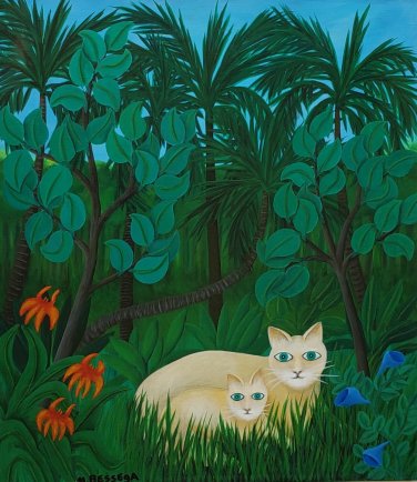 1985 Martin Bessega Two Cats Jungle Painting Argentina - Venezuela Listed Artist
