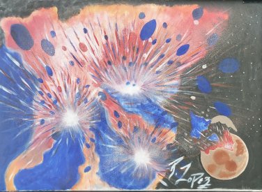 Signed P. LOPEZ Abstract Art Space Exploding Planets Mixed Media Painting #2