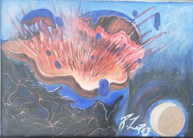 Signed P. LOPEZ Abstract Art Exploding Planet in Space Mixed Media Painting #3