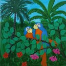1985 Martin Bessega Two Parrots Naif Painting PARIS Argentina Venezuela Artist