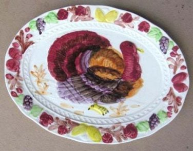 Vintage Thanksgiving Hand-painted Color Porcelain White Turkey Embossed Platter