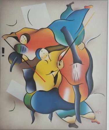 Signed DAVID SCHLUSS Violin Cello Music Duet Serigraph Art Print Israel Judaica