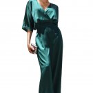 DRESS DAY Hunter Green Satin Jumpsuit Belted Wide Leg Dolman Sleeve Pockets