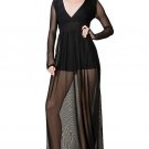 HYFVE Long Sleeve Deep V-Neck Maxi Dress Mesh Insert Shorts Elastic Waist Boho