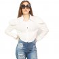SWANK & CO. White Basic But Chic Crop Button Down Shirt Puff Sleeve Cuff L/S