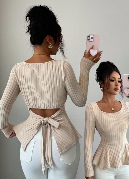 Selianne Women's Solid Color Round Neck Long Sleeve Backless Twist